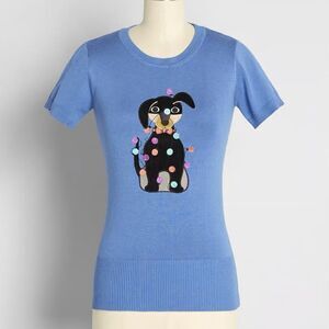 Modcloth Embroidered Knit Christmas Knit Top Dachshund Dog Sweater Blue XXL NWT